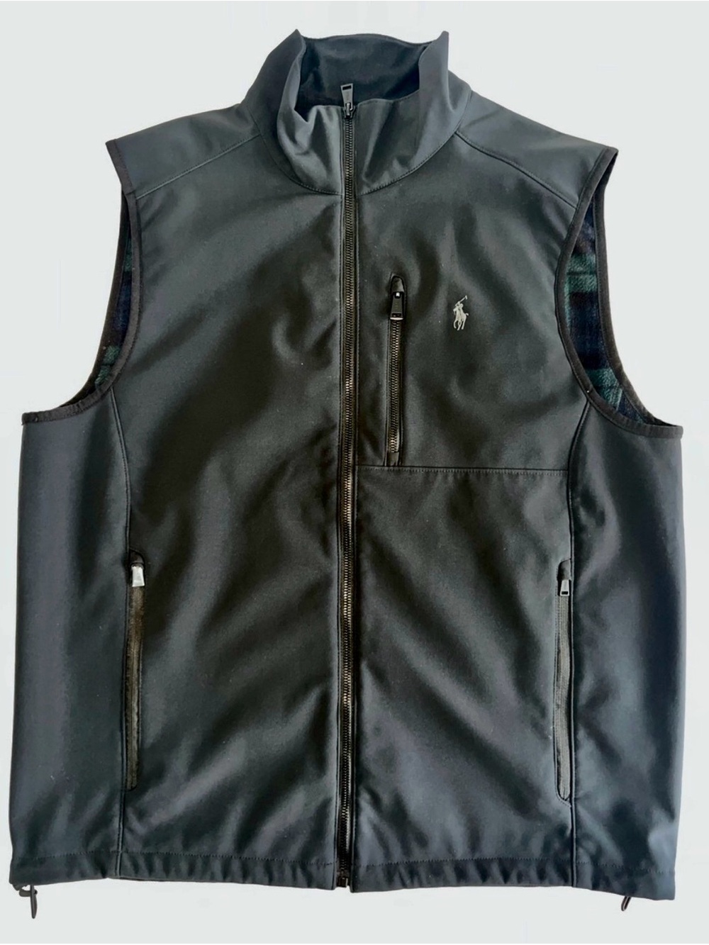 Polo by Ralph Lauren Black Softshell Vest with Navy & Green Tartan Lining